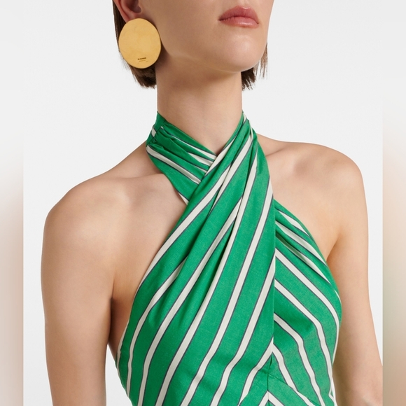 STAUD Green White Striped Poplin Cotton Tie Halter Dawn Maxi Dress M - Picture 5 of 10